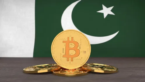 Bitcoin mining rig with Pakistani flag in the background