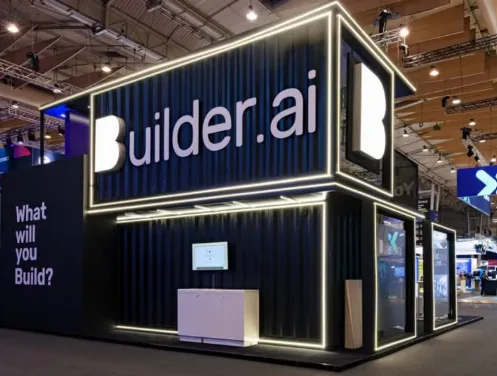 Builder.ai pitch deck with cracked glass overlay, symbolizing startup deception and downfall