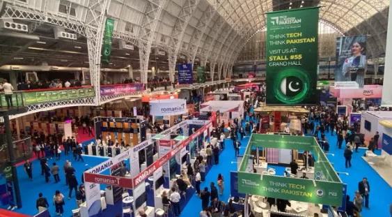 Opening day aerial view of Pakistan Pavilion at London Tech Week 2025, featuring tech delegates, stalls, and live demos at Olympia London
