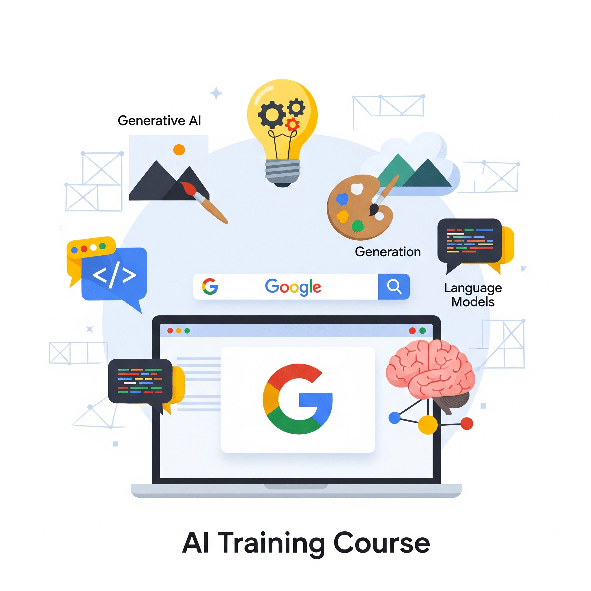 Illustration of AI training course with Google branding and icons representing generative AI, image generation, language models, and machine learning.