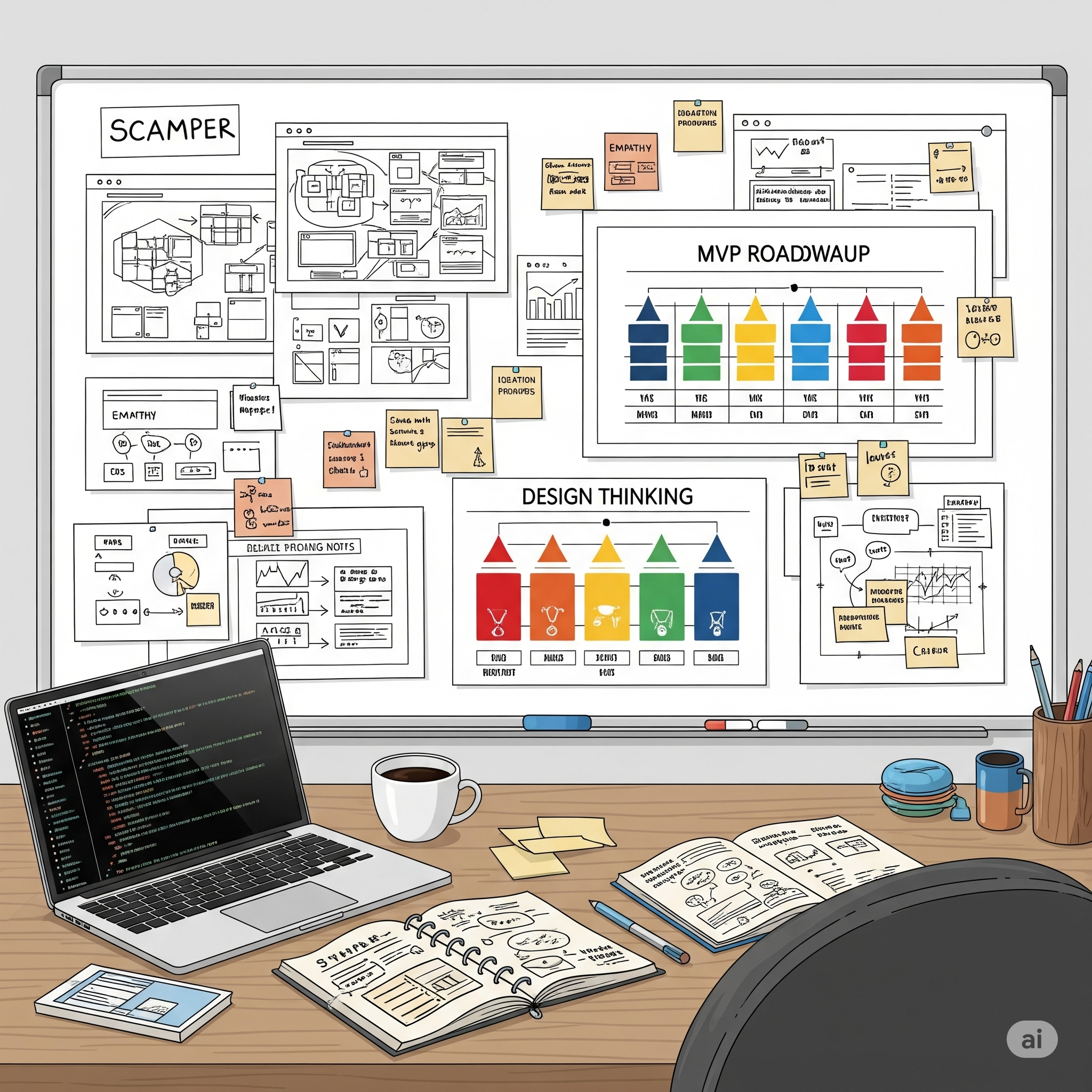 Illustration of a founder brainstorming startup solutions on a whiteboard with UX sketches, MVP roadmap, and sticky notes using SCAMPER and Design Thinking methods.