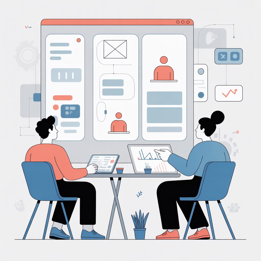 Founders collaborating over wireframes and user testing insights to refine a digital product prototype.