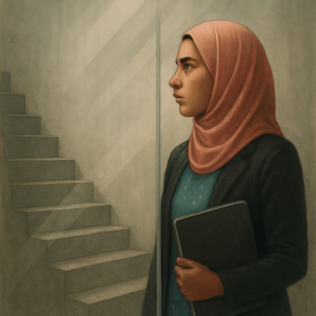 A South Asian woman facing a locked gate, symbolizing barriers in Pakistan’s entrepreneurial landscape