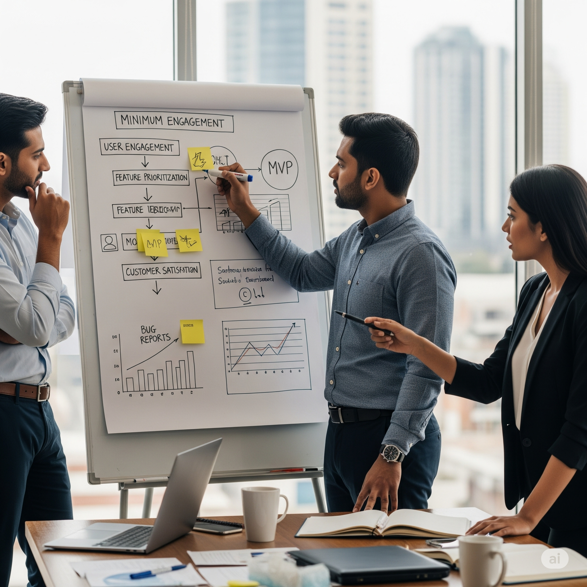 Founders analyzing MVP feedback on a whiteboard