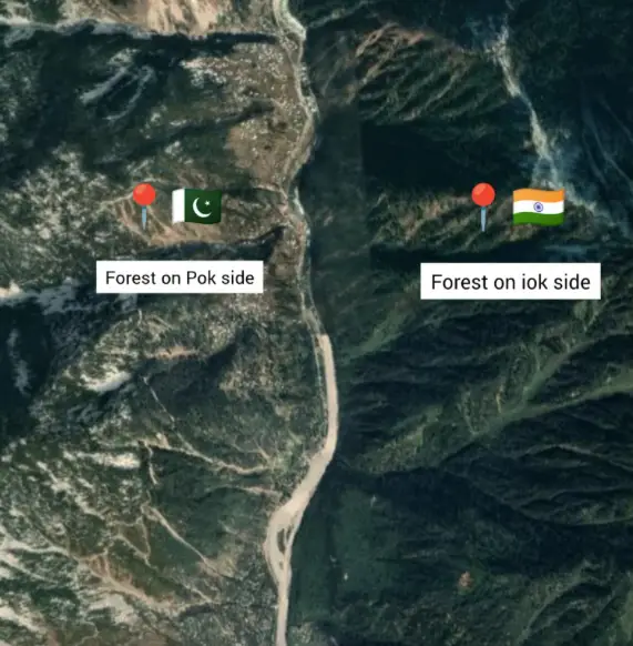 Google Earth satellite view of Neelum Valley showing preserved forests on the Indian side and deforested slopes on the Pakistan side.