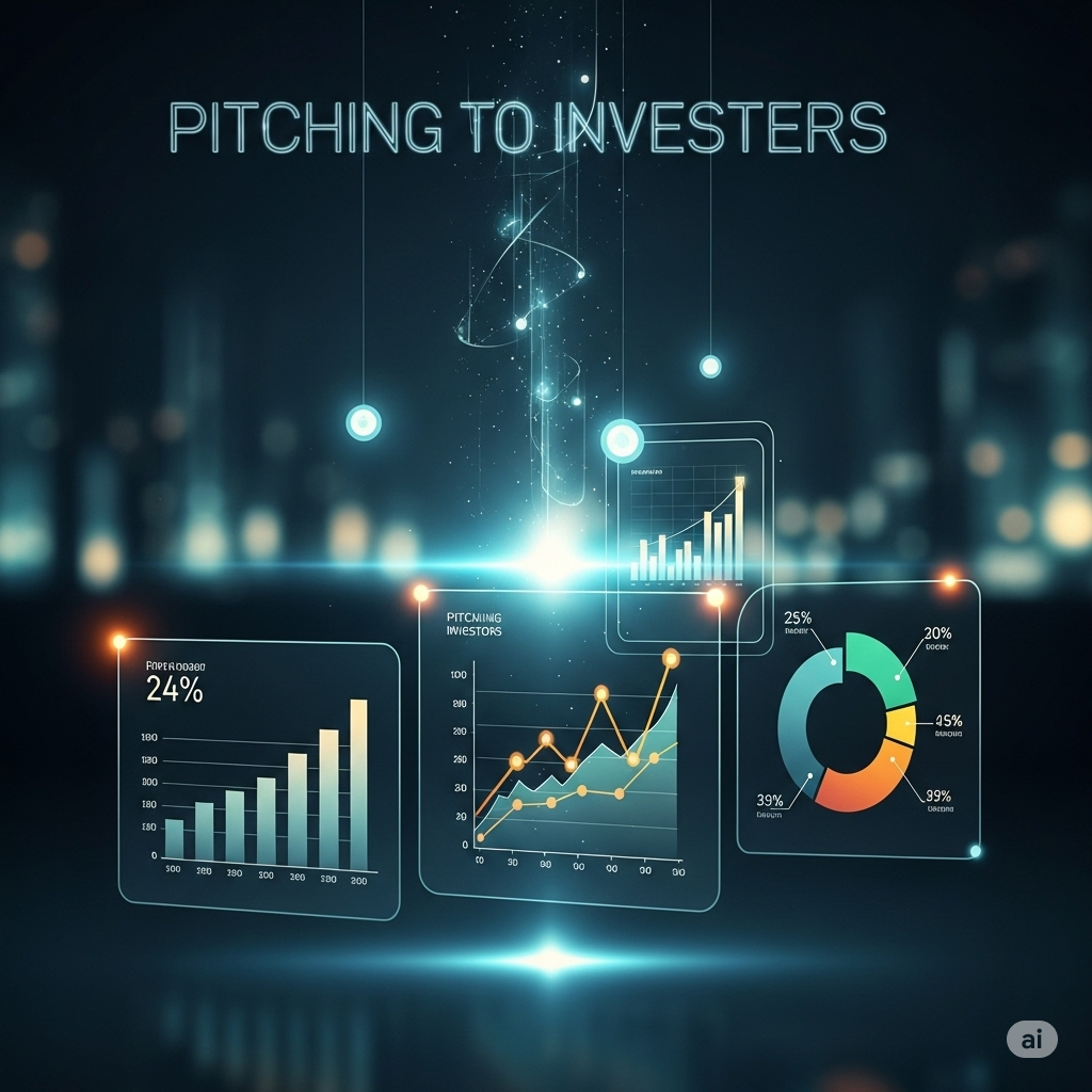 Entrepreneur delivering a startup pitch to investors using a presentation deck with key metrics and visuals