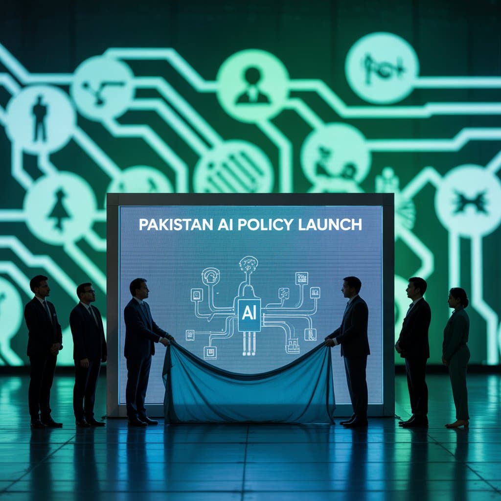 A visual representation of Pakistan’s AI policy launch event, showing officials unveiling the strategy to support innovation, startups, and public sector AI integration.