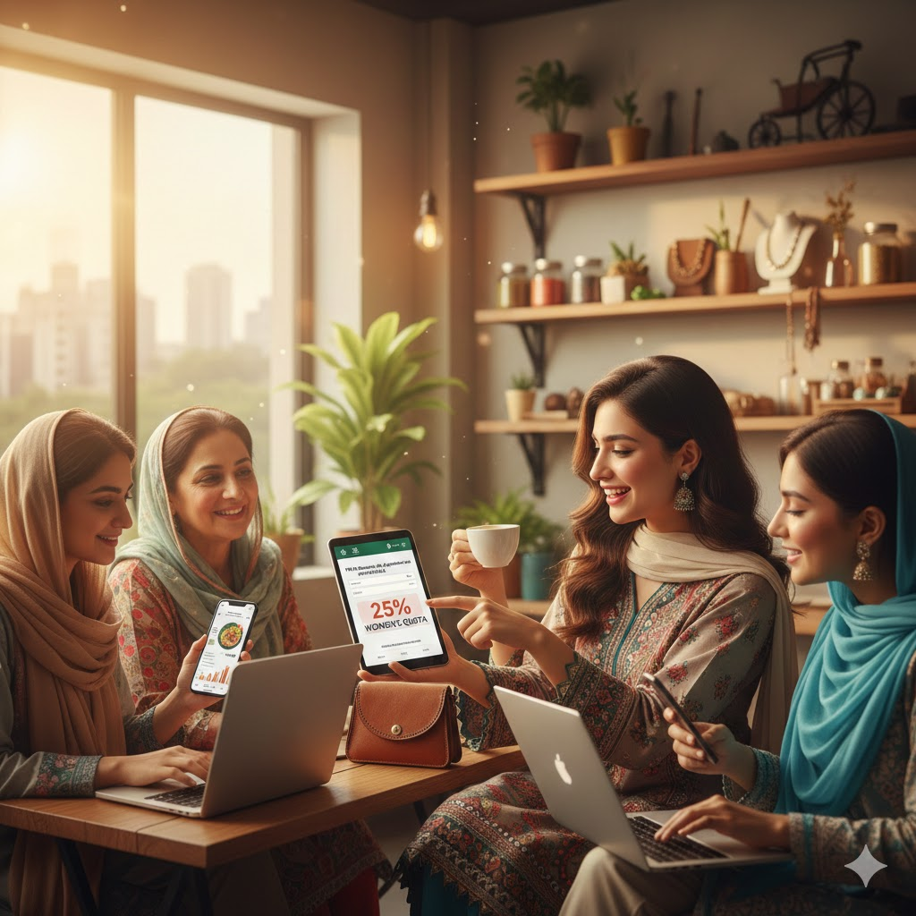 A group of Pakistani women entrepreneurs discussing a business plan, representing the PM Youth Loan Scheme 25% quota beneficiaries.