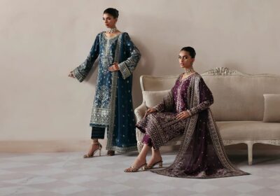 Women shopping for lawn fabric at a Pakistani clothing brand store