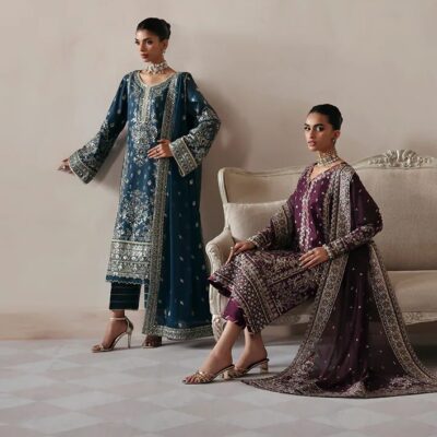 Women shopping for lawn fabric at a Pakistani clothing brand store