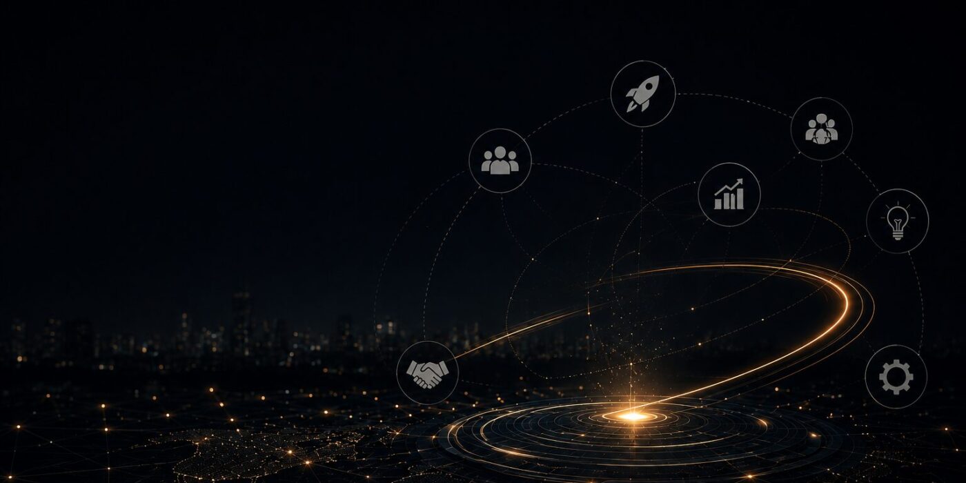 A glowing orbital network over a city skyline at night, representing the connected but uneven landscape of startup acceleration in Pakistan
