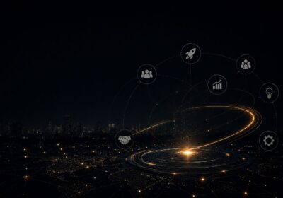 A glowing orbital network over a city skyline at night, representing the connected but uneven landscape of startup acceleration in Pakistan