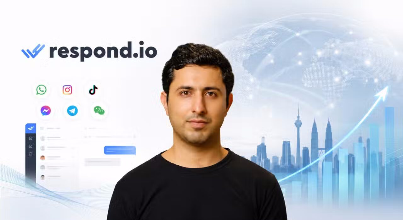 Professional headshot of Pakistani entrepreneur Hassan Ahmed, Co-founder and CTO of Respond.io, with text overlay celebrating the company's $62.5 million Series B funding round success.