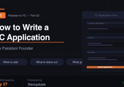 A Pakistani founder writing a Y Combinator application on a laptop — the Fall 2026 deadline is July 27