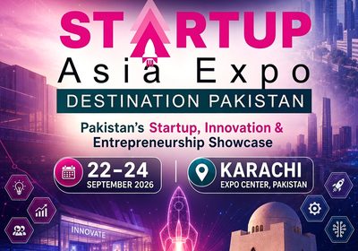Official banner of 28th ITCN Asia 2026 at Karachi Expo Centre showcasing Strategic Digital Media Partner Startupdotpk logo.