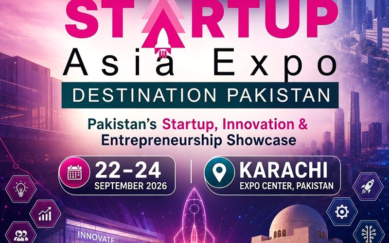 Official banner of 28th ITCN Asia 2026 at Karachi Expo Centre showcasing Strategic Digital Media Partner Startupdotpk logo.
