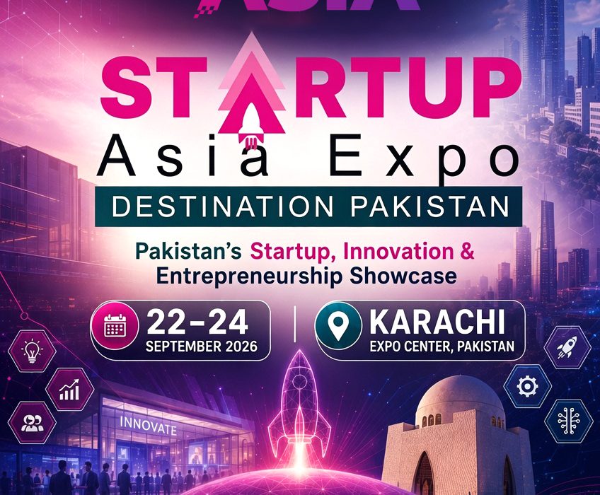 Official banner of 28th ITCN Asia 2026 at Karachi Expo Centre showcasing Strategic Digital Media Partner Startupdotpk logo.